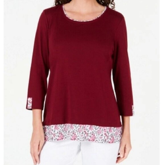 Karen Scott Tops - NWT Karen Scott Women's Petite Printed-Trim Knit Top, Merlot Dark Red, PP / PXS